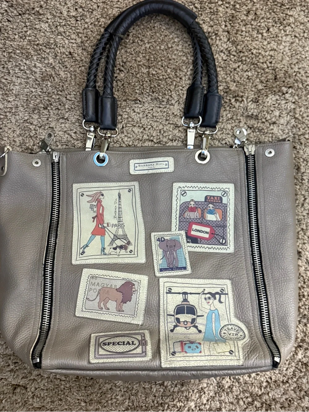 Barbara Rihl Patch-Accent Gray Tote with Braided Black Handles